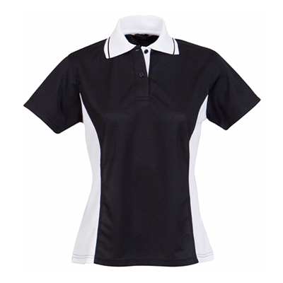 Stencil Polo T Shirt Ladies V Neck Black White Piping