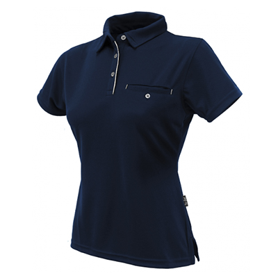 Stencil Polo T Shirt Ladies V Neck Navy White Piping