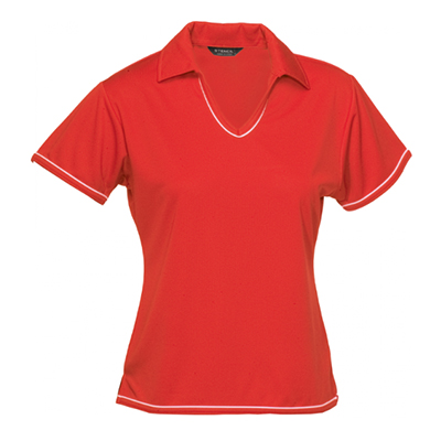 Stencil Polo T Shirt Ladies V Neck Red White Piping