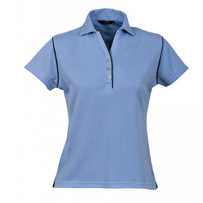 Stencil Polo T Shirt Ladies V Neck Sky Blue Navy Piping