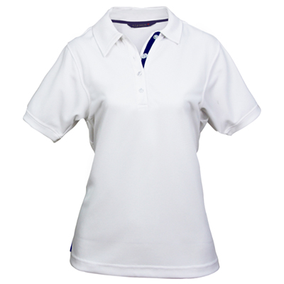 Stencil Polo T Shirt Ladies V Neck White Navy Piping